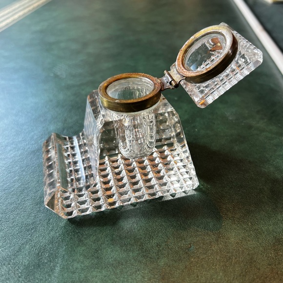 Other - Antique Vintage Cut Glass Inkwell with Brass Hardware